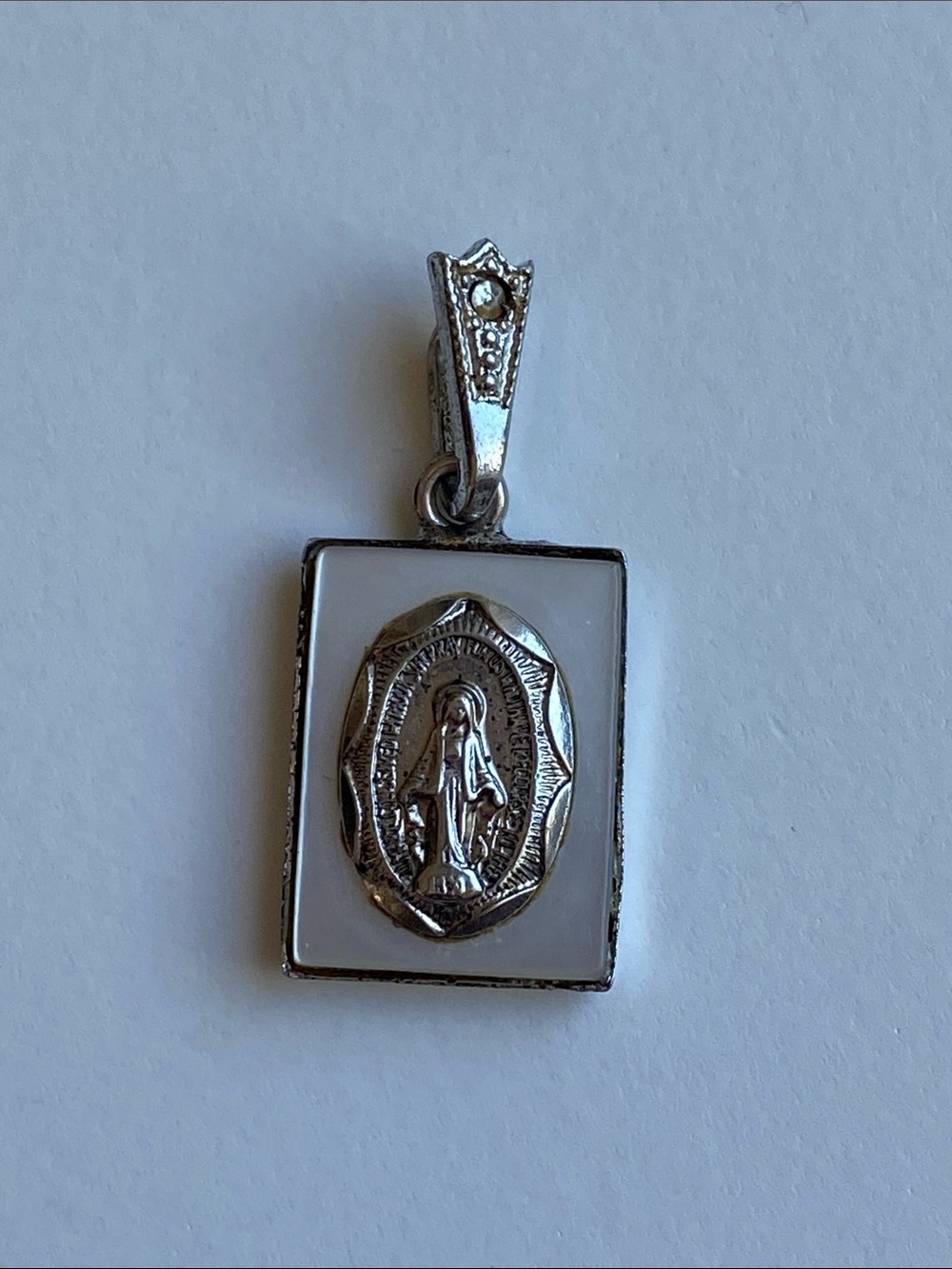 Sterling Silver, Mother of Pearl, Miraculous Virgin Mary Religious Pendant